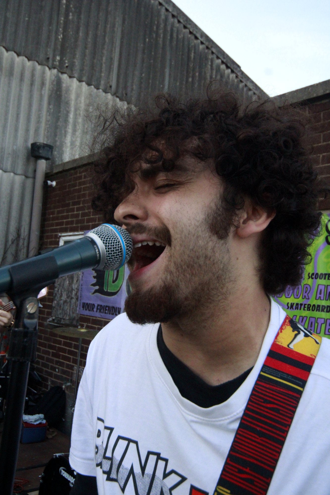 A singer belting into the mic at a skate park gig