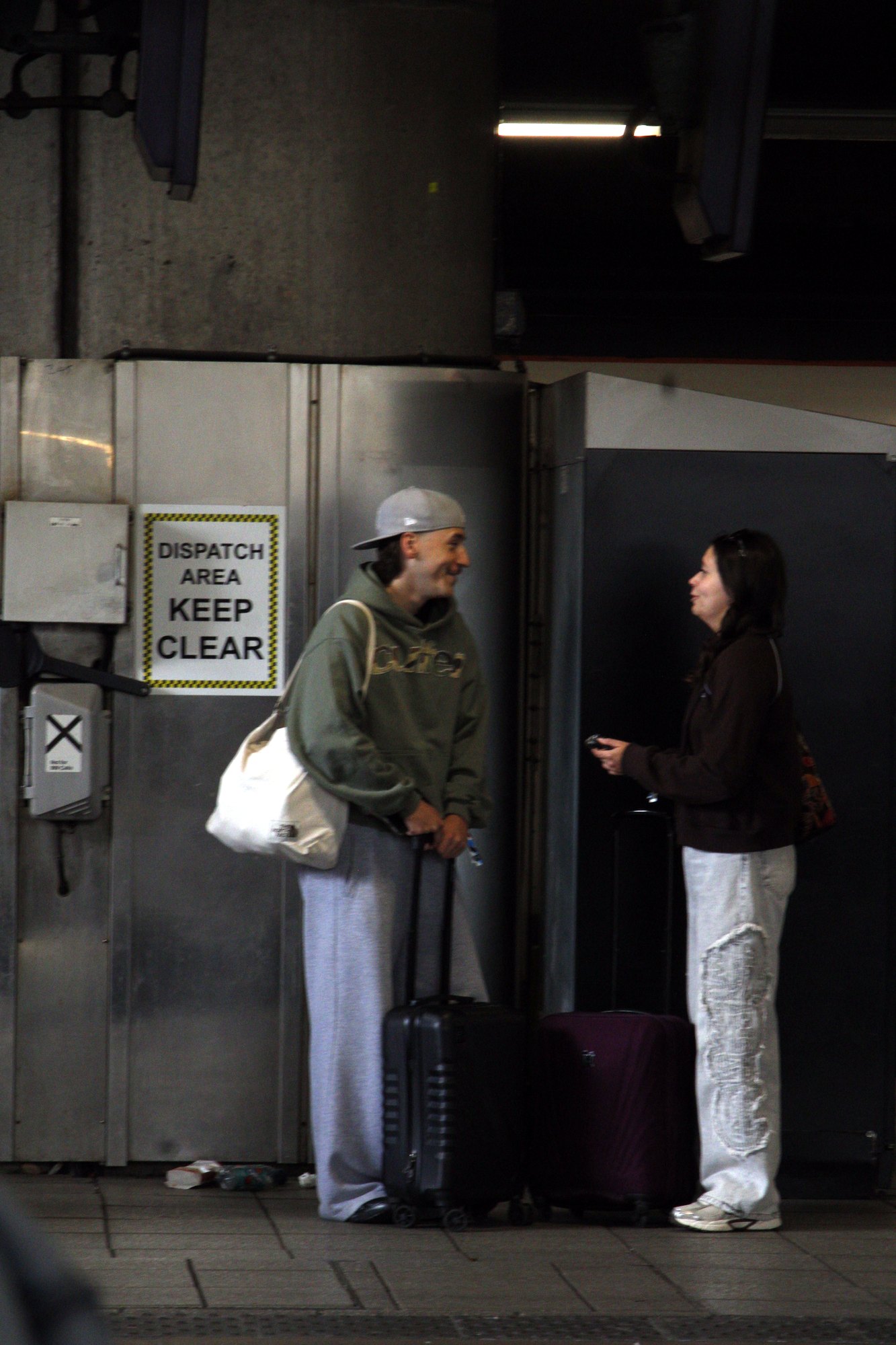 Two travellers with luggage chatting beneath a station sign