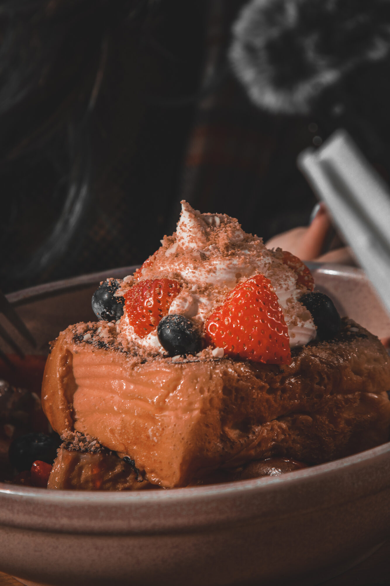 Berry-topped french toast close up